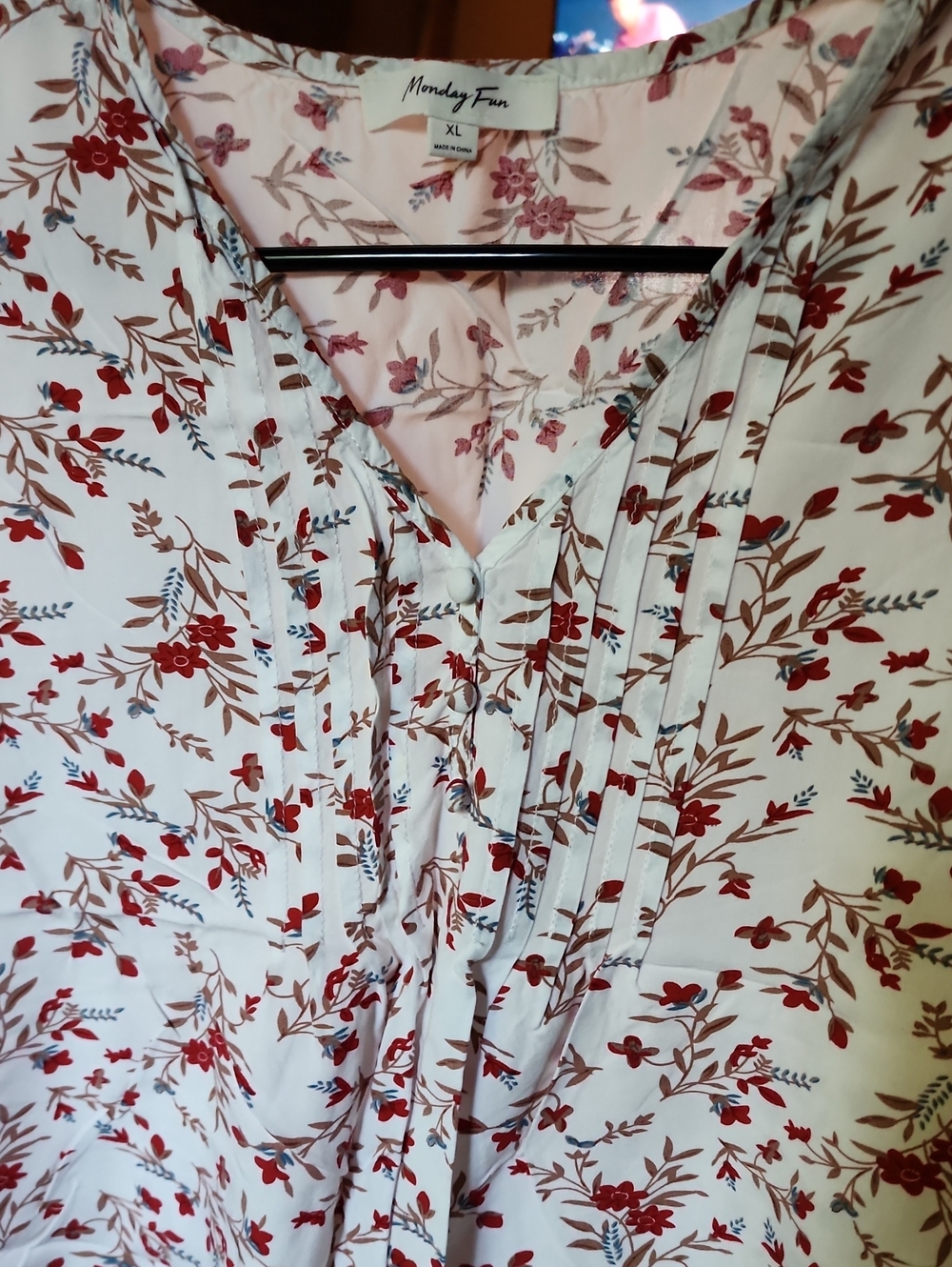 Monday Fun Women's White Floral Blouse with Red Print